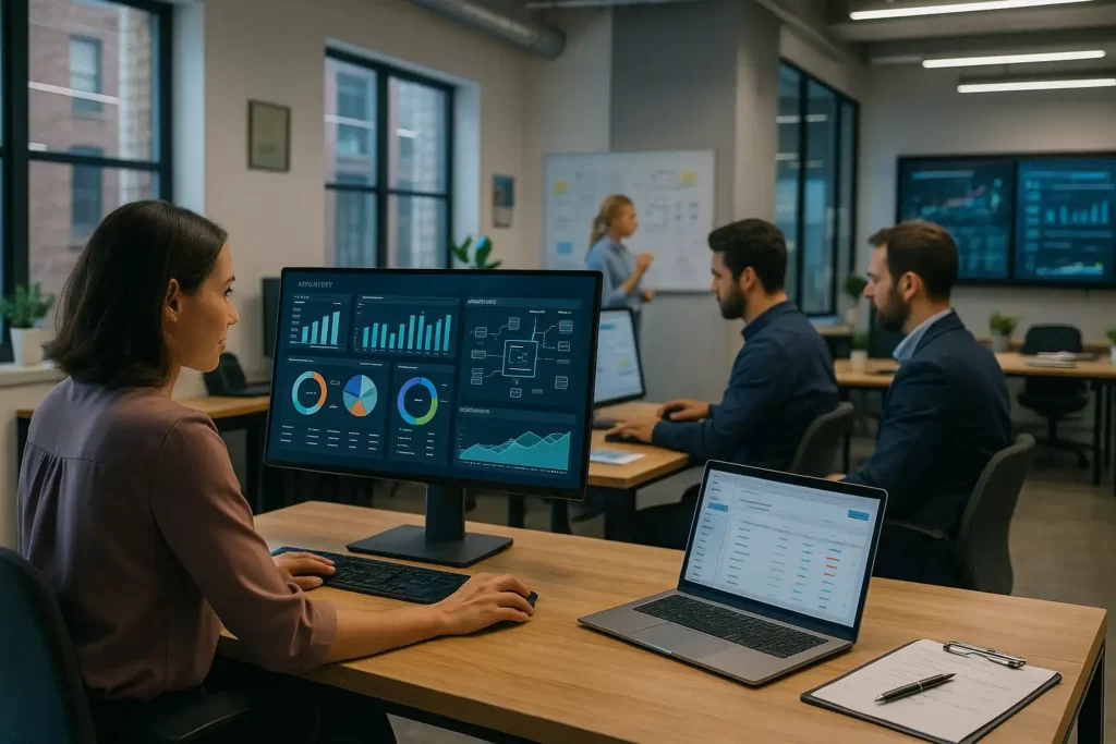 Realistische Szene in einem modernen Mittelstandsunternehmen mit Digitaltechnik, Monitoren, Automatisierung und Mitarbeitern bei der Arbeit