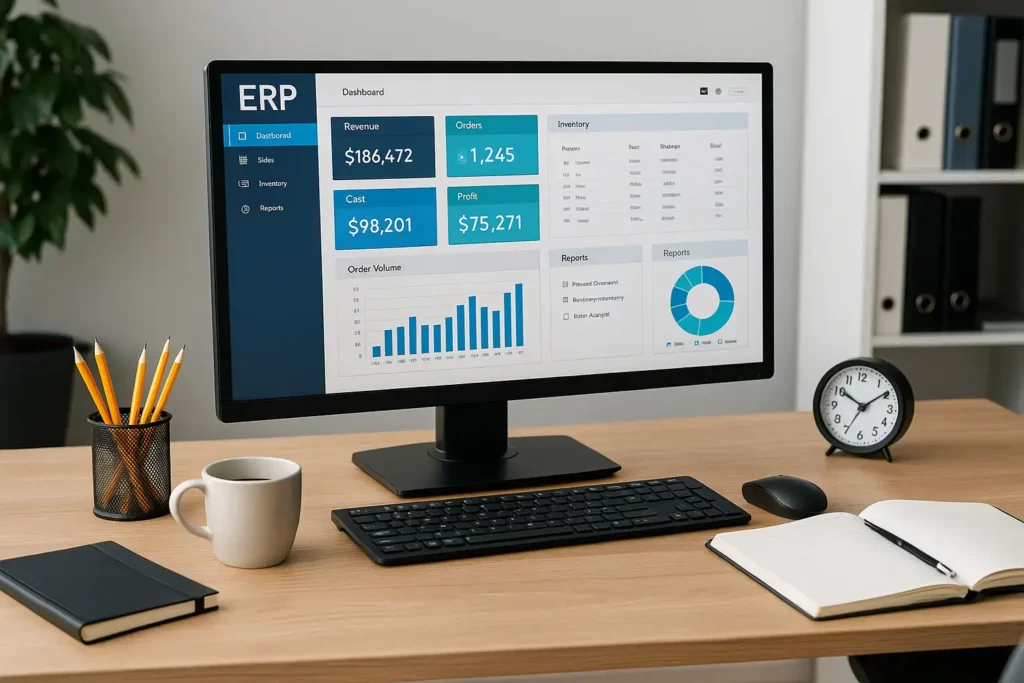 Arbeitsplatz mit geöffneter Benutzeroberfläche eines ERP-Systems, daneben klassische Büroelemente