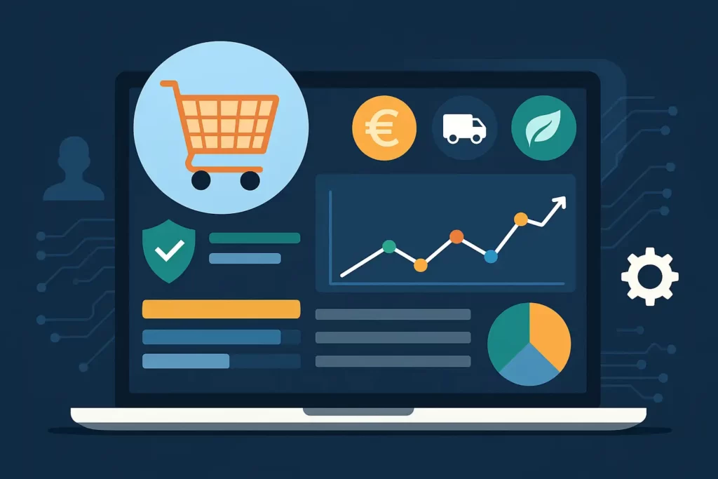 Symbolisches E-Commerce-Dashboard mit Icons für Zahlung, Versand, Kundenverhalten und technische Integration