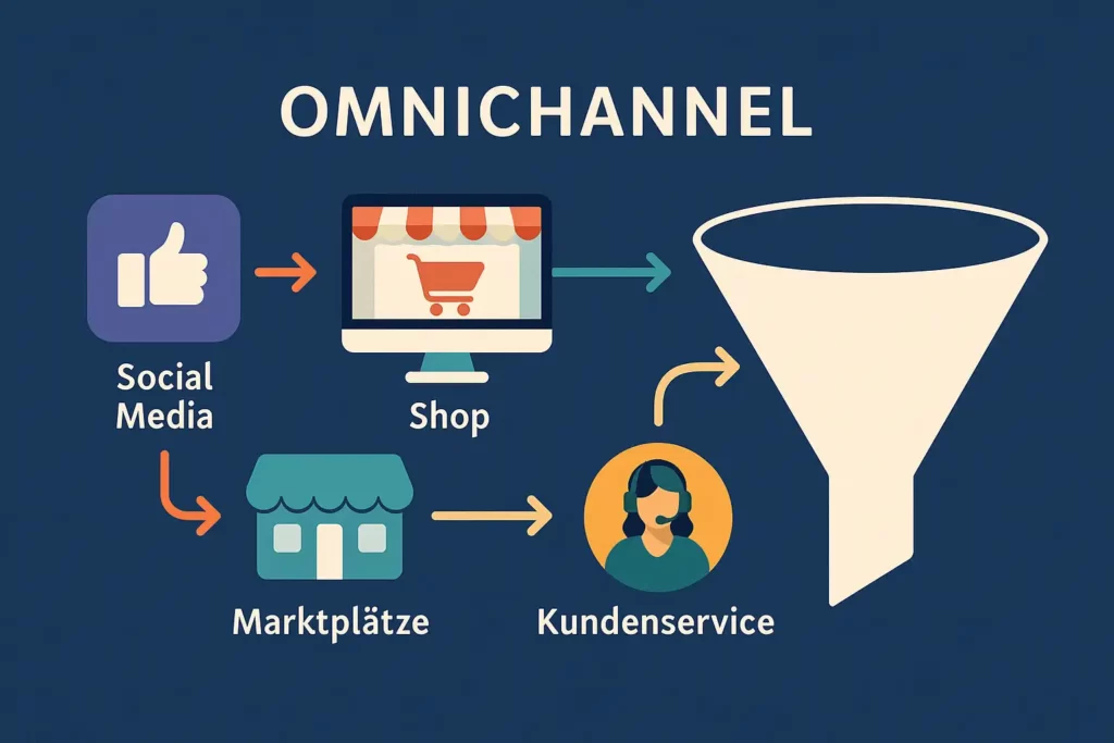 Darstellung eines Omnichannel-Funnels mit Übergängen zwischen Social Media, Shop, Marktplätzen und Kundenservice