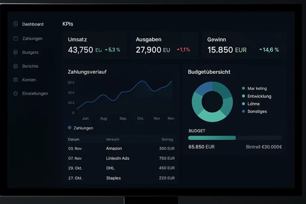 Dashboard eines modernen Finanztools mit KPIs, Zahlungsverläufen und Budgetüberblick