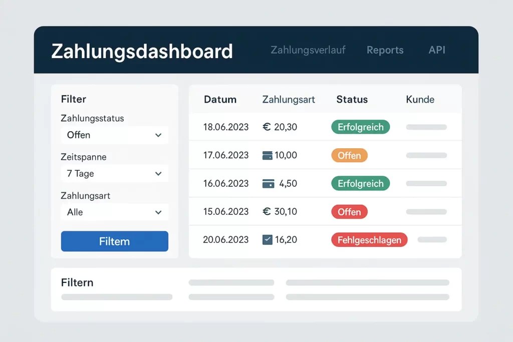 Benutzeroberfläche eines Zahlungsdashboards mit Filterfunktionen, Zahlungsstatus und API-Menü