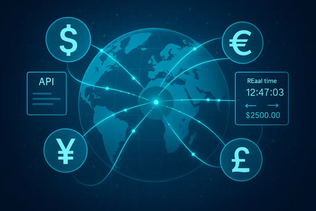 Visualisierung eines globalen Zahlungssystems mit mehreren Währungen, API-Schnittstellen und Echtzeittransaktionen