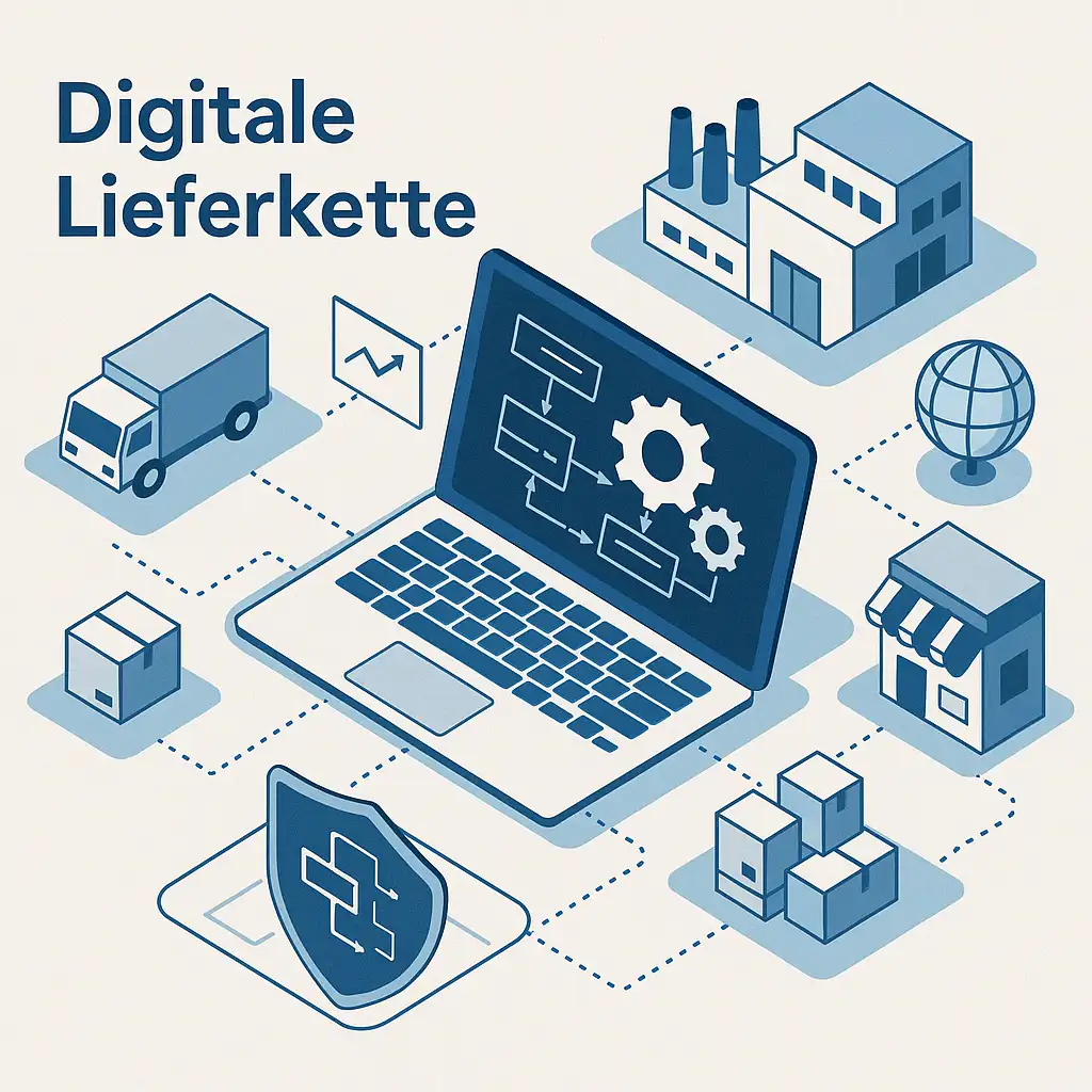 Isometrische Darstellung einer digitalen Lieferkette mit Verbindungspunkten und Flussdiagrammen
